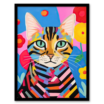Artery8 Abstract Stripey Cat Vibrant Oil Painting Bright Floral Pet Portrait Kids Bedroom Wall Art PrintA4 Size from B&Q
