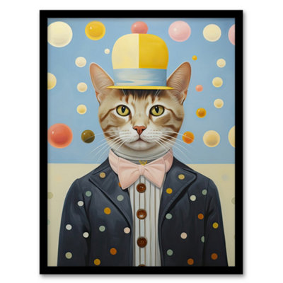 Artery8 Polka Dot Cat Surreal Oil Painting Quirky Pet Portrait With Hat And Bow Tie Kids Bedroom Wall Art PrintA4 Size from B&Q