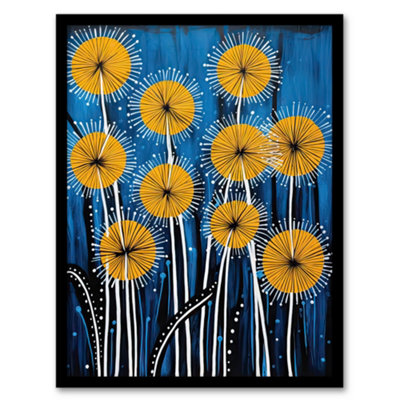 Artery8 Dandelion Flower Seeds Gond Style Painting Blue Yellow Abstract Summer Meadow Patterns Wall Art PrintA4 Size from B&Q