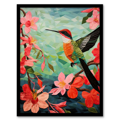 Artery8 Hummingbird And Pink Hibiscus Flowers Colourful Textile Quilt Design With Spring Blooms Wall Art PrintA4 Size from B&Q