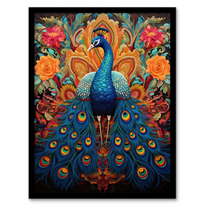 Artery8 Royal Peacock Oil Painting Blue Orange Pink Exotic Bird Symmetrical Floral Portrait Wall Art PrintA4 Size from B&Q