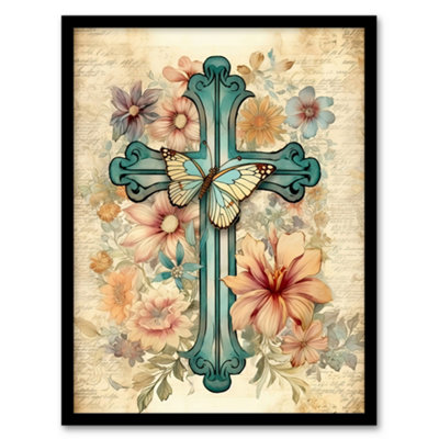 Artery8 Framed Wall Art Flowery Cross Upcycle Watercolour Painting Pastel Colour Flower Blooms And Butterfly12X16 Inch from B&Q