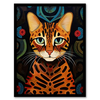 Artery8 Framed Wall Art Mischievous Bengal Cat Orange Blue Green Oil Painting With Abstract Botanical Patterns12X16 Inch from B&Q