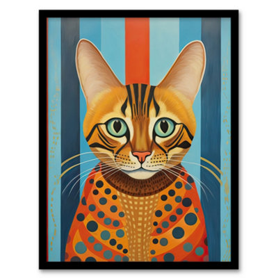 Artery8 Framed Wall Art Bengal Cat Geometric Folk Art Portrait Orange Blue Oil Painting12X16 Inch from B&Q