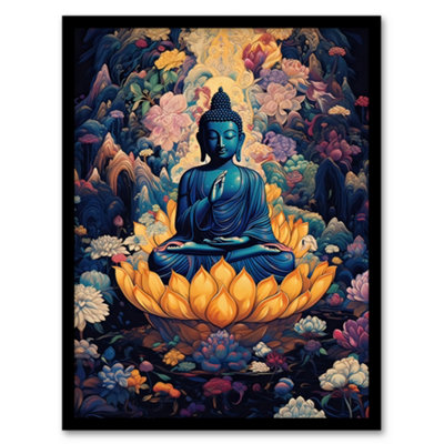 Artery8 Framed Wall Art Buddha In Lotus Flower Nirvana Concept Art Blue Orange Pink Floral Psychedelic Painting12X16 Inch from B&Q