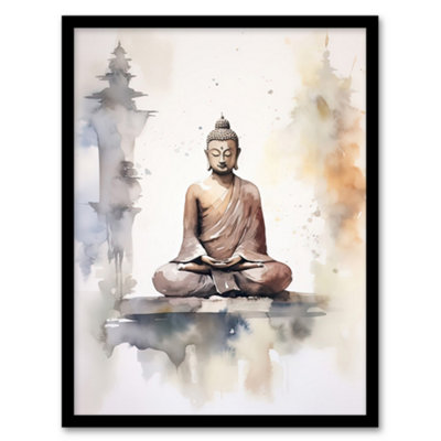 Artery8 Buddha Vihara Meditation Prayer Soft Neutral Watercolour Framed Wall Art Print from B&Q