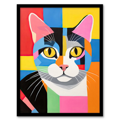 Artery8 Framed Wall Art Abstract Tabby Cat Oil Painting Vibrant Geometric Fun Pet Portrait12X16 Inch from B&Q