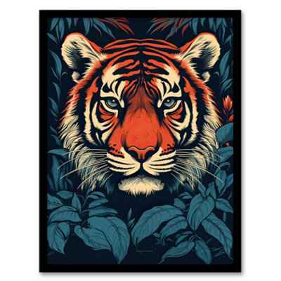 Artery8 Framed Wall Art Fierce Bengal Tiger Emerging From Bushes Wildlife Painting Blue Orange Botanical Portrait12X16 Inch from B&Q