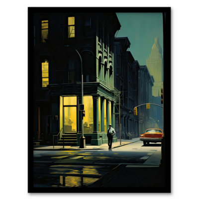 B&Q -  New York At Dawn Edward Hopper Style Painting 12X16" Framed Wall Art Print
