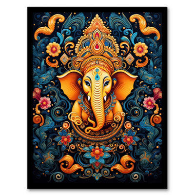 Artery8 Ganesha Flowers Hindu Orange Vibrant Ornate Floral Elephant Framed Wall Art Print from B&Q