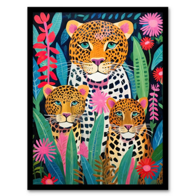 Artery8 Framed Wall Art Leopard Family Vibrant Oil Painting Orange Pink Green Floral Jungle Wildlife Kids Bedroom12X16 Inch from B&Q