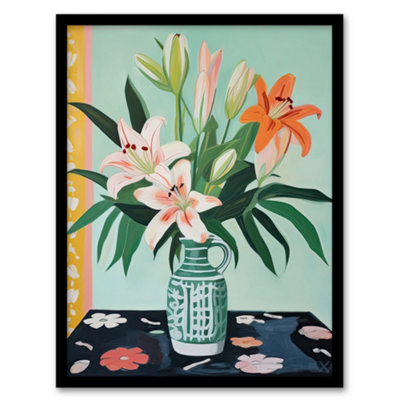 Artery8 Framed Wall Art Pink Lilies In A Green Vase Colourful Oil Painting Springtime Flowers Floral Still Life12X16 Inch from B&Q