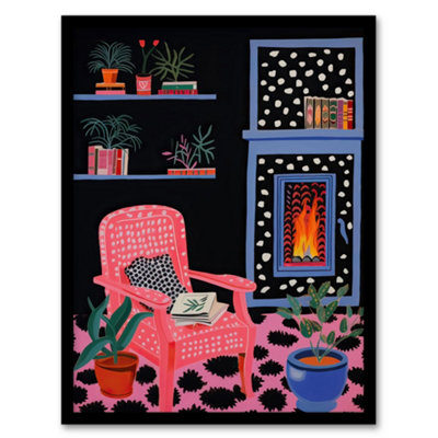 Artery8 Framed Wall Art Midnight Reading Acrylic Painting On Black Canvas Cosy Livingroom With A Fireplace12X16 Inch
