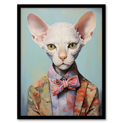 Artery8 Framed Wall Art Stylish Sphynx Cat Oil Painting Pastel Colour Pet Portrait In Suit And Bow Tie12X16 Inch from B&Q