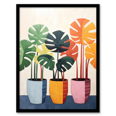 Artery8 Framed Wall Art Trio Of Colourful Monstera Cheese Plant Pots Botanical Oil Painting12X16 Inch from B&Q