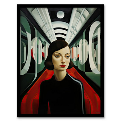 Artery8 Framed Wall Art Futuristic Train Ride Oil Painting Black Red Green Modern Art Deco Woman Portrait12X16 Inch from B&Q