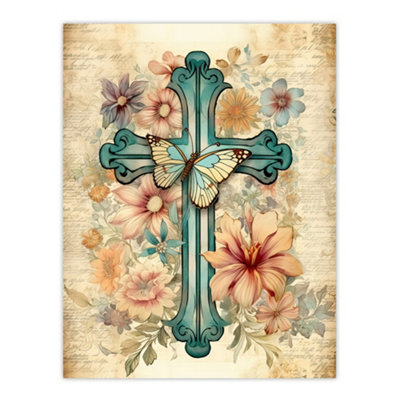 Artery8 Unframed Wall Art Flowery Cross Upcycle Watercolour Painting Pastel Colour Flower Blooms And Butterfly12X16 Inch from B&Q
