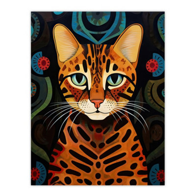Artery8 Unframed Wall Art Mischievous Bengal Cat Orange Blue Green Painting With Abstract Botanical Patterns12X16 Inch from B&Q