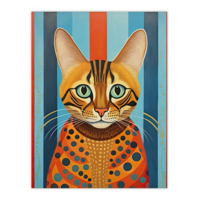 Artery8 Unframed Wall Art Bengal Cat Geometric Folk Art Portrait Orange Blue Painting12X16 Inch from B&Q