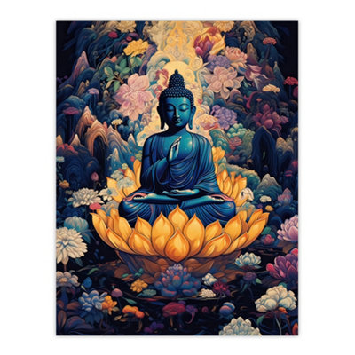 Artery8 Unframed Wall Art Buddha In Lotus Flower Nirvana Concept Art Blue Orange Pink Floral Psychedelic Painting12X16 Inch from B&Q
