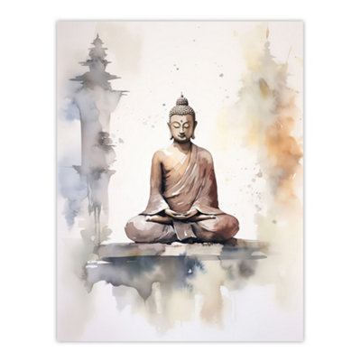 Artery8 Unframed Wall Art Buddha Vihara Meditation Prayer Soft Neutral Watercolour Painting12X16 Inch from B&Q