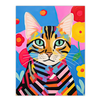 Artery8 Unframed Wall Art Abstract Stripey Cat Vibrant Painting Bright Floral Pet Portrait Kids Bedroom12X16 Inch from B&Q
