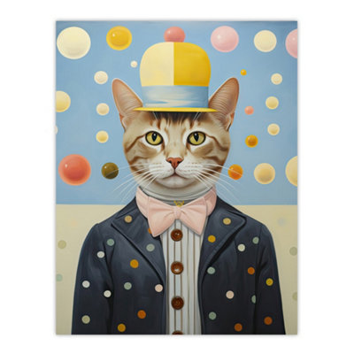 Artery8 Unframed Wall Art Polka Dot Cat Surreal Painting Quirky Pet Portrait With Hat And Bow Tie Kids Bedroom12X16 Inch from B&Q