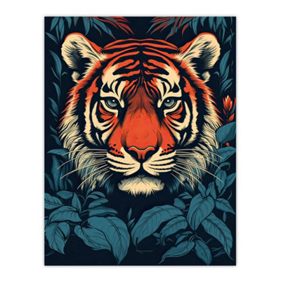 Artery8 Unframed Wall Art Fierce Bengal Tiger Emerging From Bushes Wildlife Painting Blue Orange Botanical Portrait12X16 Inch from B&Q