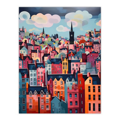 Artery8 Unframed Wall Art Edinburgh Cityscape Stylised Painting Pink Blue Cloudy Scottish City Skyline12X16 Inch from B&Q