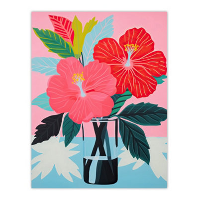 B&Q -  Unframed Wall Art Hibiscus Flowers In Vase Stylised Graphic Painting Pink Blue Green Still Life12X16 Inch