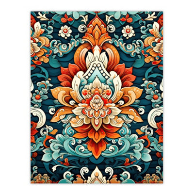 Artery8 Unframed Wall Art Hindu Floral Pattern Close Up Detail Ornate Design In Amber And Blue12X16 Inch from B&Q