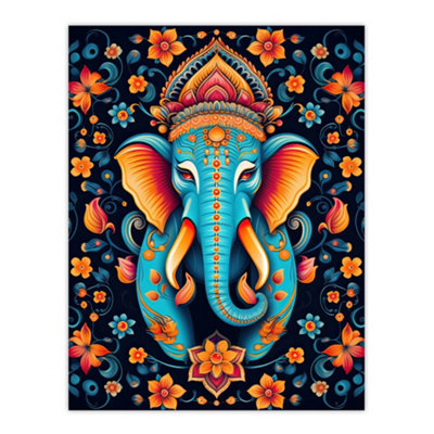Artery8 Unframed Wall Art Decorated Indian Elephant With Flower Pattern Vibrant Blue Orange Hindu Floral Design12X16 Inch from B&Q