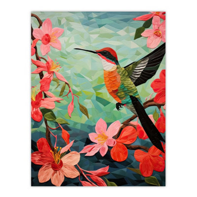 Artery8 Unframed Wall Art Hummingbird And Pink Hibiscus Flowers Colourful Textile Quilt Design With Spring Blooms12X16 Inch from B&Q