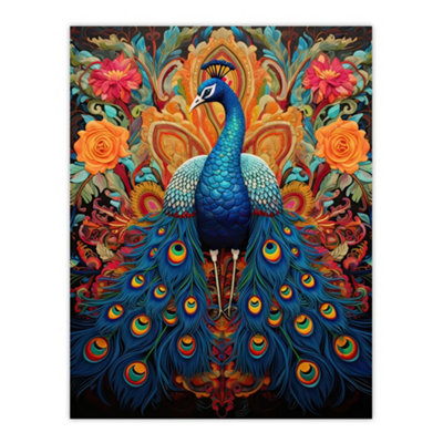 Artery8 Unframed Wall Art Royal Peacock Painting Blue Orange Pink Exotic Bird Symmetrical Floral Portrait12X16 Inch from B&Q