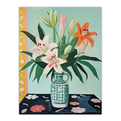Artery8 Unframed Wall Art Pink Lilies In A Green Vase Colourful Painting Springtime Flowers Floral Still Life12X16 Inch from B&Q