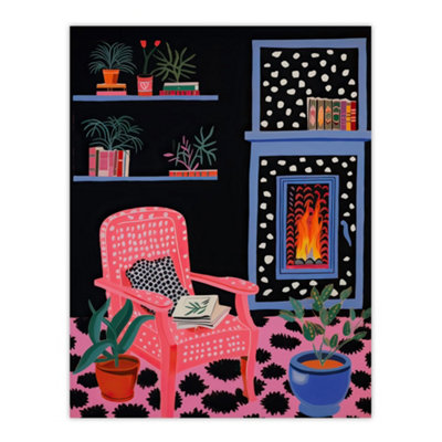 Artery8 Unframed Wall Art Midnight Reading Acrylic Painting On Black Canvas Cosy Livingroom With A Fireplace12X16 Inch