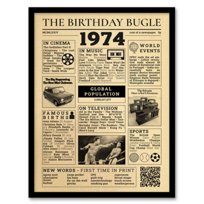 Artery8 50Th Birthday Age Anniversary Newspaper Aesthetic Born In 1974 Wall Art PrintA4 Size from B&Q