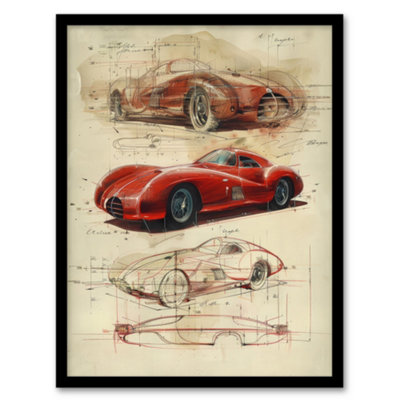 B&Q -  Red Sports Car Design Sketch Drawing Poster Wall Art PrintA4 Size