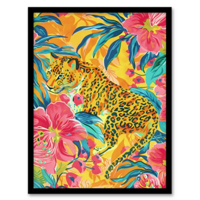 Artery8 Leopard In Pink Lily Jungle Vibrant Painting Poster Wall Art PrintA4 Size from B&Q