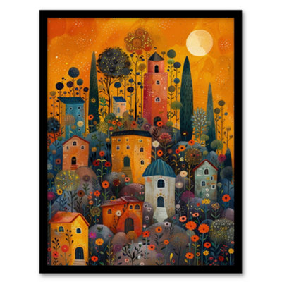 Artery8 Framed Wall Art Flower Hill Village Sunset Folk Poster12X16 Inch from B&Q