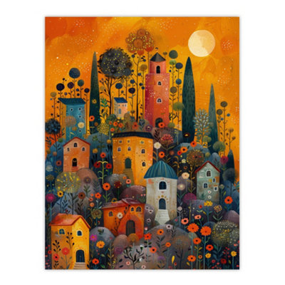Artery8 Unframed Wall Art Flower Hill Village Sunset Folk Art12X16 Inch from B&Q