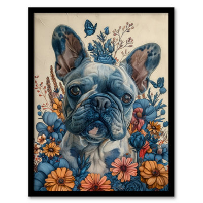 Artery8 French Bulldog Puppy Dog Lover Floral Portrait Poster Wall Art PrintA4 Size from B&Q