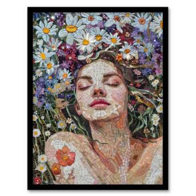 B&Q -  Framed Wall Art Woman Laying In Spring Flower Field Mosaic Poster12X16 Inch