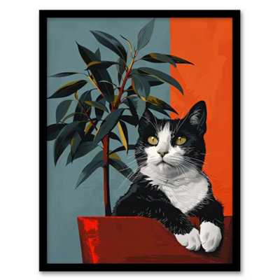 Artery8 Framed Wall Art Tuxedo Cat Portrait Sitting In Plant Pot Poster12X16 Inch from B&Q