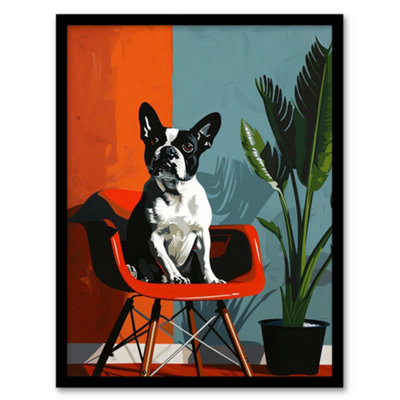 B&Q -  Framed Wall Art French Bulldog Chair And Potted Plant Portrait Poster12X16 Inch