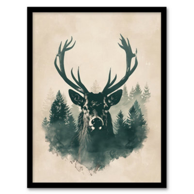 Artery8 Framed Wall Art Majestic Stag Head Forest Watercolour Design Poster12X16 Inch from B&Q