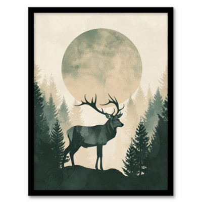 Artery8 Framed Wall Art Full Moon Forest Hill Stag Grey Green Design Poster12X16 Inch from B&Q