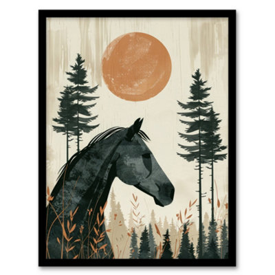 B&Q -  Framed Wall Art Horse And Pine Trees Simple Boho Style Painting Poster12X16 Inch