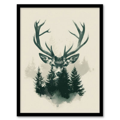 Artery8 Framed Wall Art Stag Head And Pine Trees Forest Design Poster12X16 Inch from B&Q
