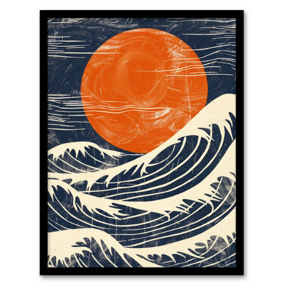 Artery8 Sun And Waves Japanese Style Orange Blue Seascape Poster Wall Art PrintA4 Size from B&Q
